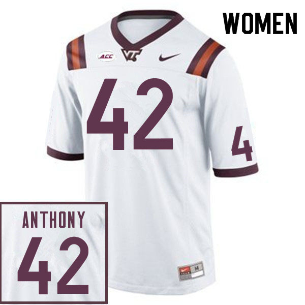 Women #42 Vincenzo Anthony Virginia Tech Hokies College Football Jerseys Sale-White - Click Image to Close